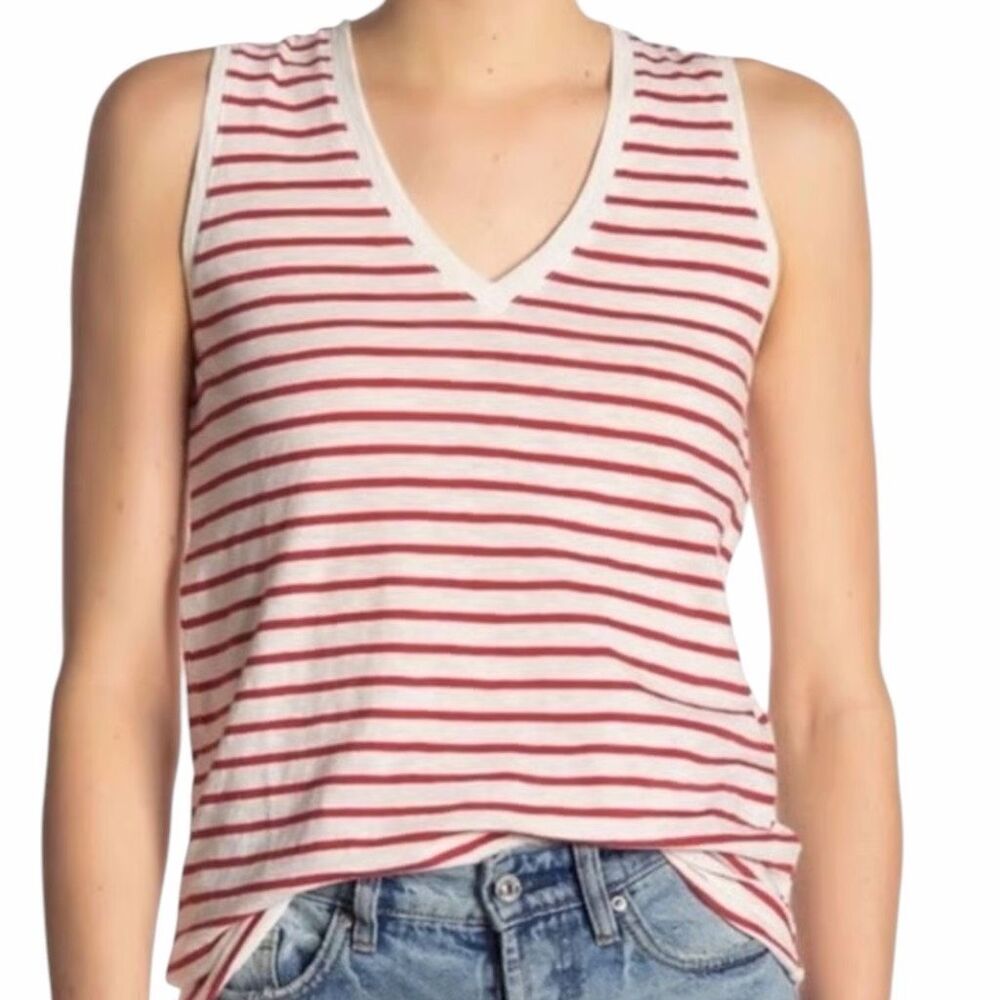 MADEWELL Women’s Red White Striped Sleeveless V-Neck Theresa Tank Top Size XS